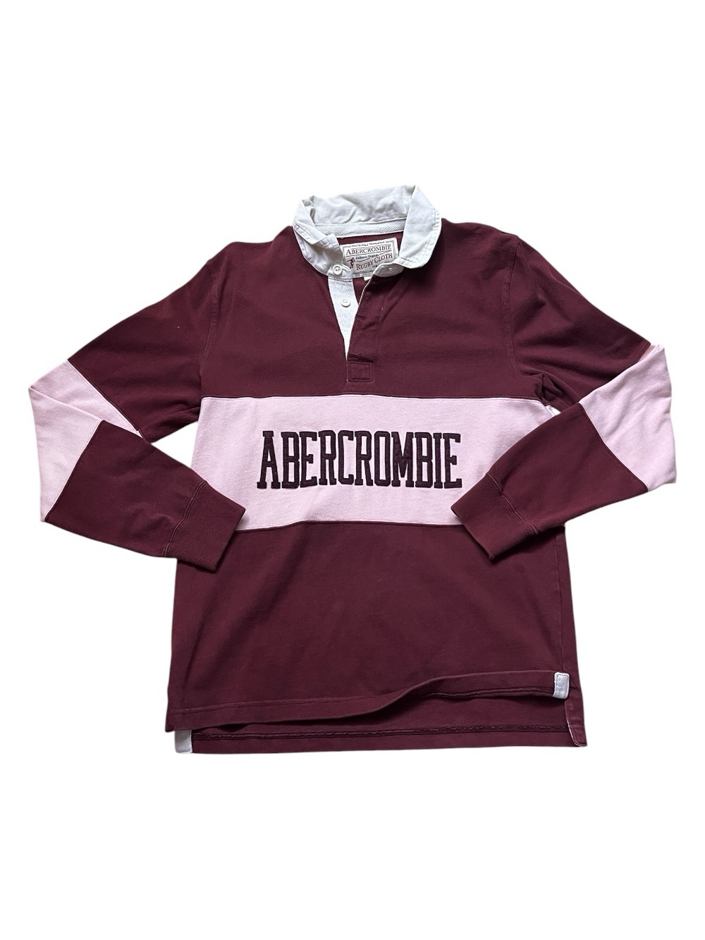 90s Abercrombie & Fitch Burgundy and Light Pink Rugby Top